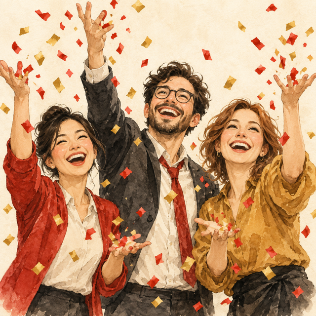 Coworkers celebrating with confetti